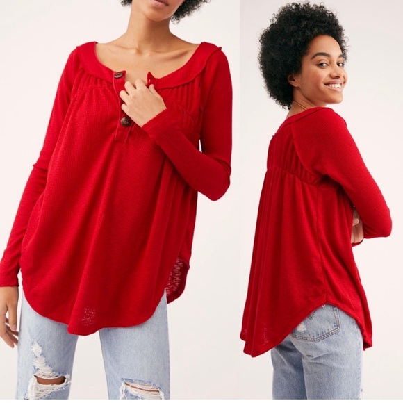 Free People Must Have Thermal Henley in Red 3 Button B15 - Picture 1 of 3